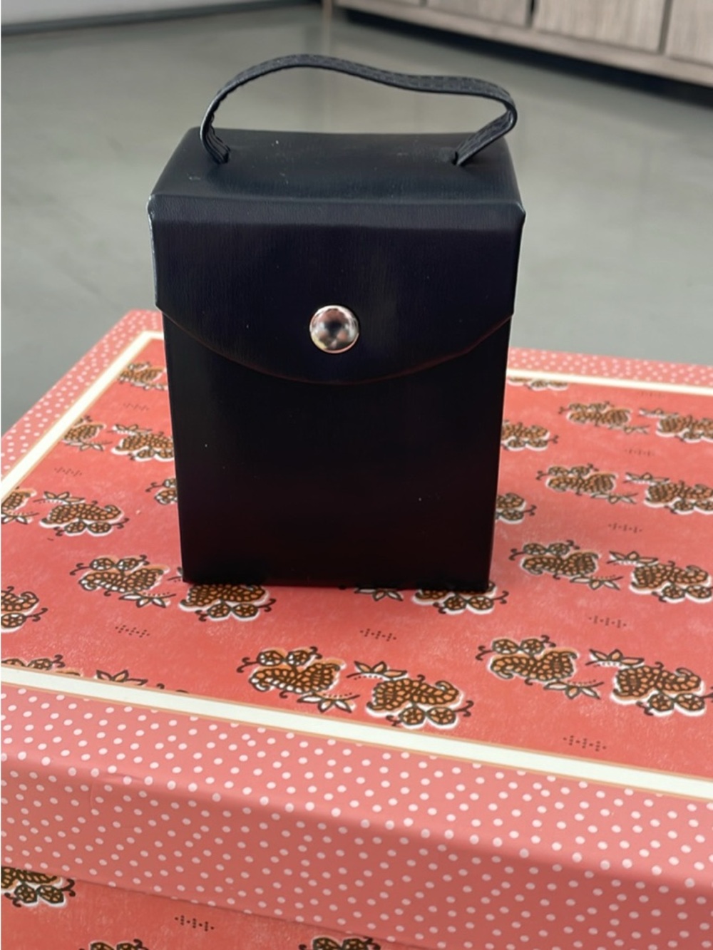 Black Leatherette Small Handle Box with Snap Closure